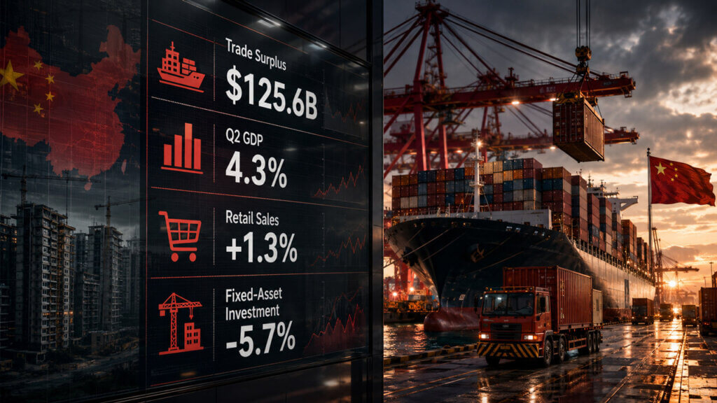 Container port in China beside an economic data display showing a $125.6 billion trade surplus, 4.3% GDP growth, 1.3% retail sales growth, and a 5.7% investment decline.