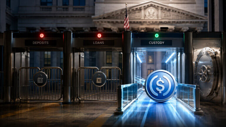 USDC-style token passing through an open custody lane while deposit and loan lanes are locked behind red lights in a federal banking checkpoint.