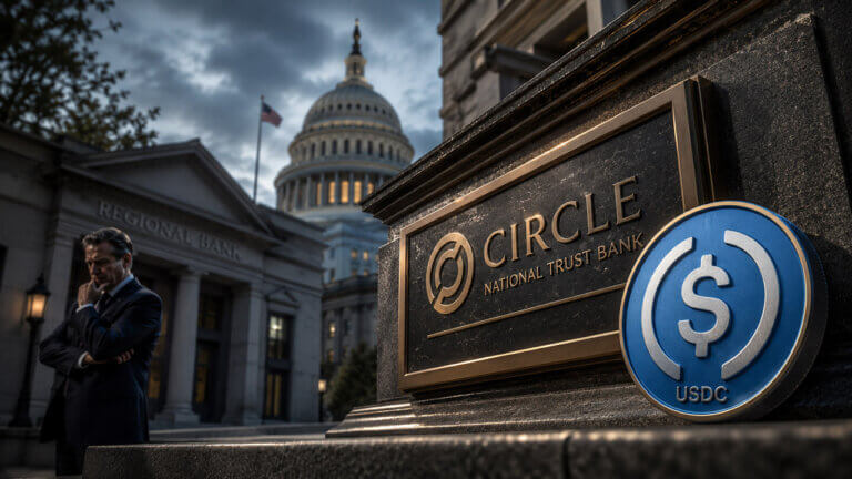 Circle National Trust Bank plaque and large USDC coin near the US Capitol as a concerned regional banker stands outside a traditional bank.