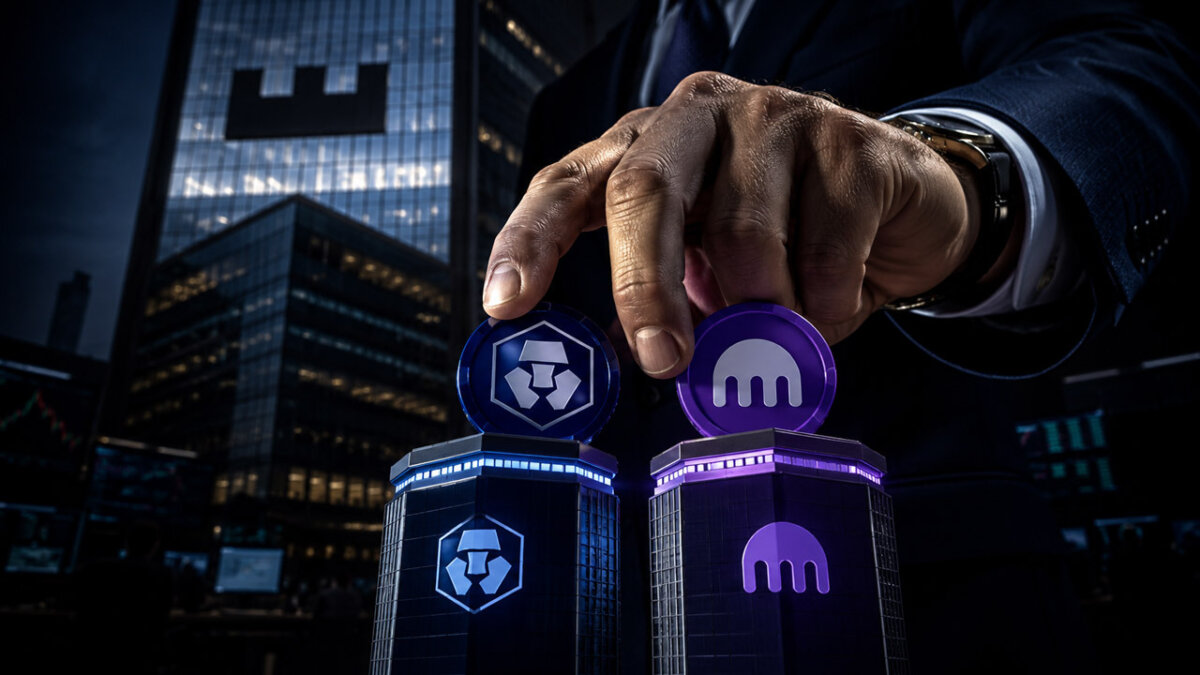 Financier placing Crypto.com and Kraken tokens on illuminated platforms, symbolizing Citadel Securities backing two competing crypto exchanges.