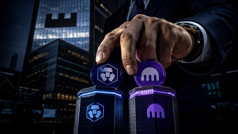 Financier placing Crypto.com and Kraken tokens on illuminated platforms, symbolizing Citadel Securities backing two competing crypto exchanges.