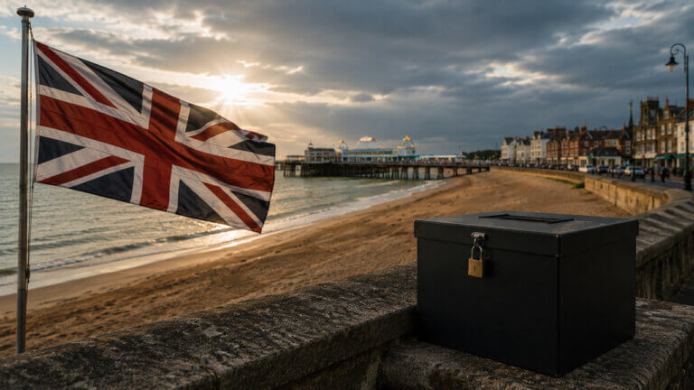 Secure ballot box beside a large Union Jack on Clacton’s seafront, with the beach, pier, and promenade under dramatic coastal light.