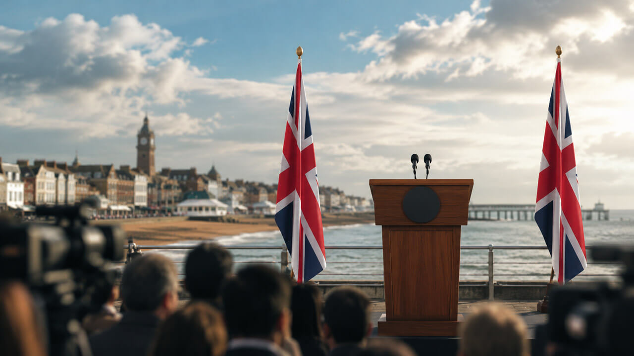 Empty press podium between Union Jack flags on the Clacton seafront with cameras and the pier in the background.