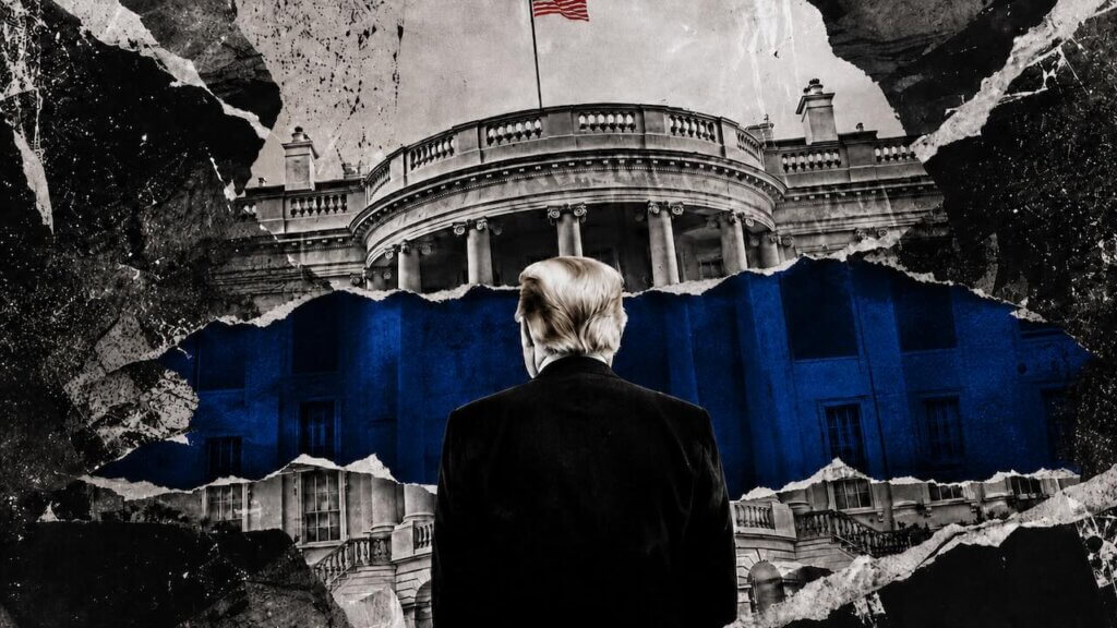 A president in a dark suit stands before the White House in a torn-paper political collage.