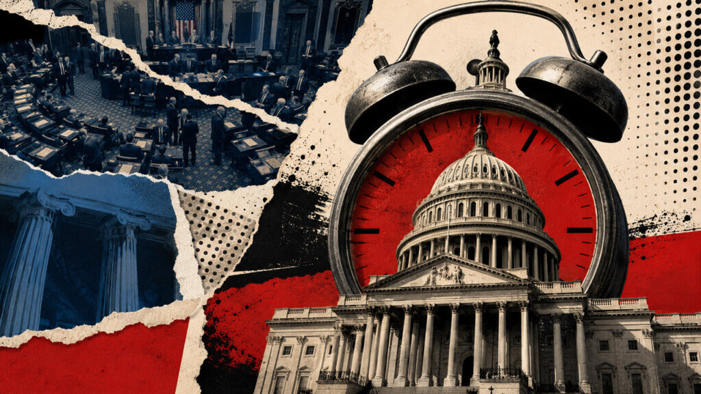 Editorial collage featuring the U.S. Capitol embedded inside a large red alarm clock, surrounded by torn images of the Senate chamber and neoclassical columns.