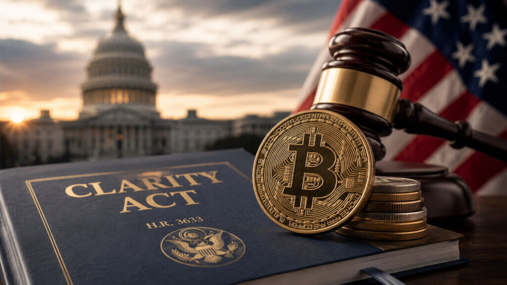 Bitcoin beside a CLARITY Act document and judge’s gavel, with the U.S. Capitol and American flag in the background.