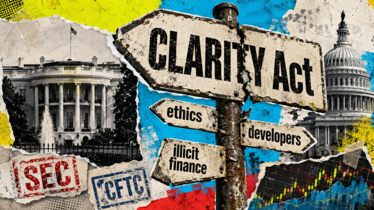 Editorial collage showing a cracked CLARITY Act signpost pointing toward ethics, developers, and illicit finance, with the White House, U.S. Capitol, SEC and CFTC stamps, and a market chart in the background.