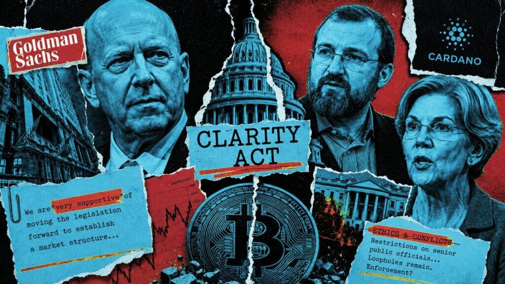 Editorial collage featuring Goldman Sachs CEO David Solomon, Cardano founder Charles Hoskinson, and Sen. Elizabeth Warren around the U.S. Capitol, with a split Bitcoin symbol, CLARITY Act label, market chart fragments, and ethics notes illustrating fractured alliances over crypto regulation.