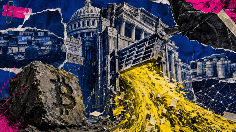 Punk editorial collage showing a Capitol-shaped industrial gate releasing a yellow regulatory flood toward crypto infrastructure while a weathered Bitcoin stone remains largely unmoved.