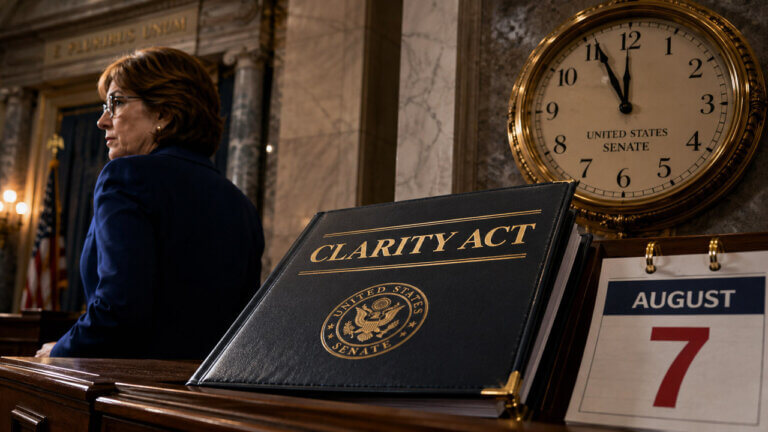 Close-up of a CLARITY Act binder in the U.S. Senate chamber with a large Senate clock and an August 7 calendar page, symbolizing the approaching deadline for Senate floor action