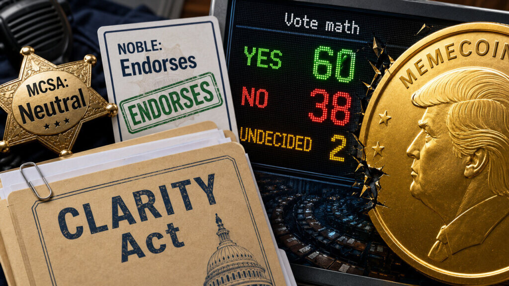 CLARITY Act document beside a congressional vote tally and a Bitcoin symbol illustrating the House vote on crypto market structure legislation.