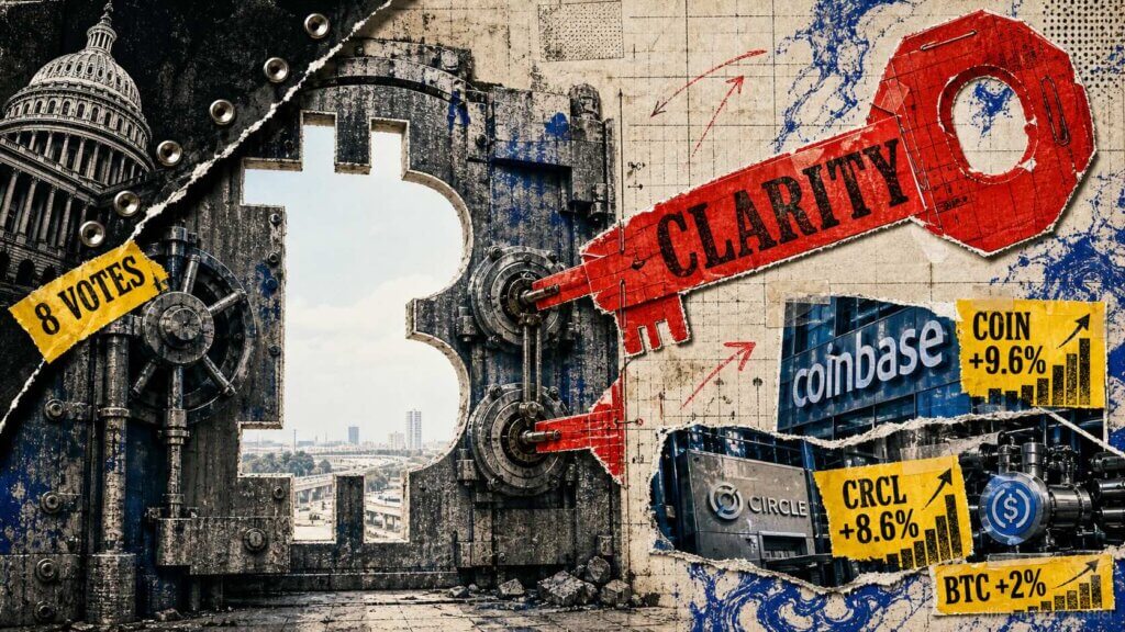 Punk editorial collage showing a Capitol-shaped industrial gate releasing a regulatory flood toward crypto infrastructure while a weathered Bitcoin stone remains largely unmoved.