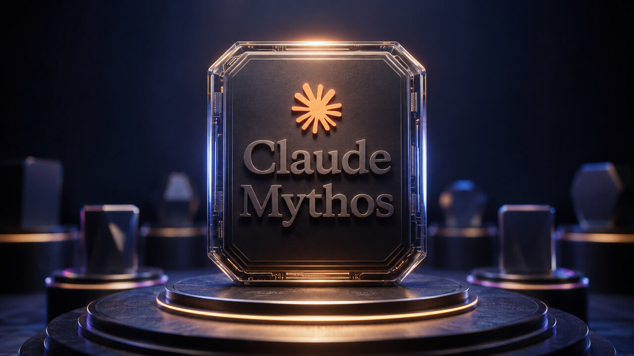 Claude Mythos logo and name displayed on a premium illuminated AI model plaque in a dark technology showcase.