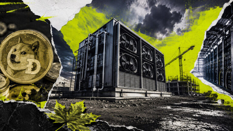 Editorial collage showing a gold Dogecoin coin beside a large industrial cooling unit, server racks, cranes, and an unfinished data-center site under storm clouds with acid-lime accents.