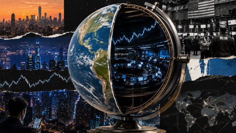 a giant cutaway globe containing a blue-lit CME futures trading floor, surrounded by New York and Asian cityscapes, market charts, exchange traders, and a mobile investor.