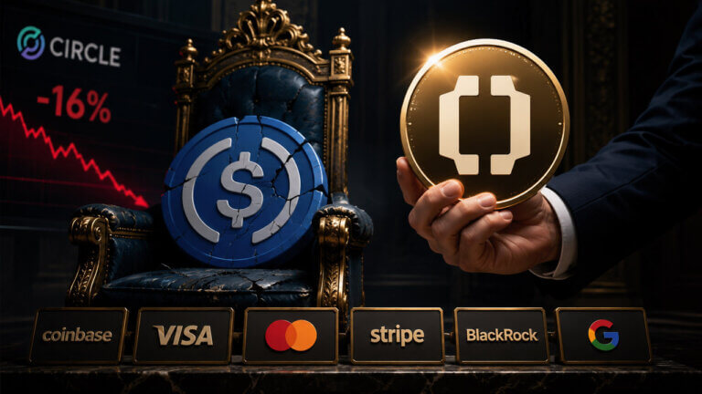 Coinbase backs OpenUSD stablecoin challenging USDC alongside Visa and Mastercard logos.