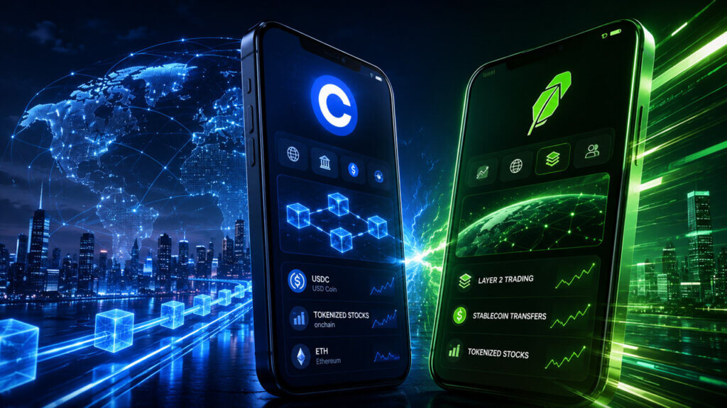 Coinbase and Robinhood-inspired mobile trading platforms face each other against a global financial network, representing their competition over blockchain trading, tokenized assets, and payments.