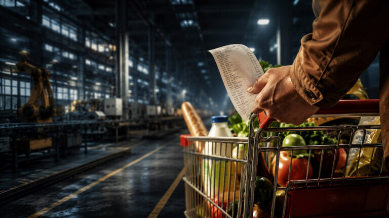A shopper pushes a grocery cart and checks a receipt inside a dark factory, symbolizing the contrast between consumer spending and actual US production.