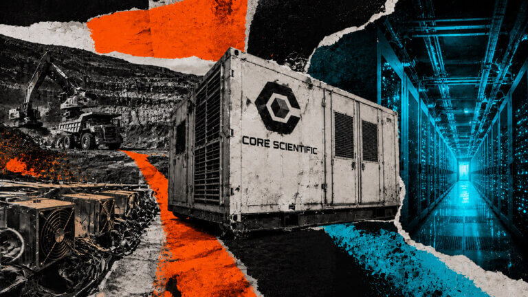 Distressed collage showing a large Core Scientific infrastructure container between a Bitcoin mining site and a cyan-lit server corridor, illustrating the conversion of mining facilities for AI computing.