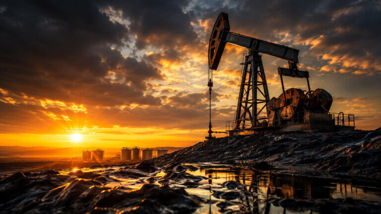 Oil pumpjacks working across a petroleum field under a dramatic golden sunset, with storage tanks visible in the distance.