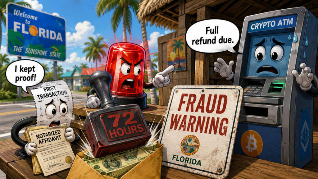 Crypto ATM displays fraud warning as Florida law blocks scam calls targeting crypto ATM users
