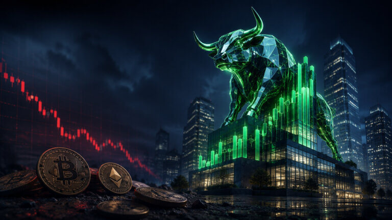 Glowing green bull and rising corporate market bars tower over Bitcoin and Ethereum coins beside a falling red crypto chart.