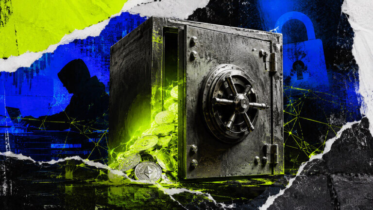 an open steel crypto vault spilling Ethereum tokens, with a hooded hacker silhouette, digital network lines, and padlock imagery in electric blue and acid green.
