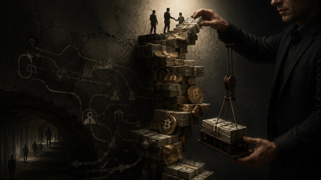 Man controlling a precarious staircase of cash bundles and cryptocurrency coins, symbolizing new investor money allegedly funding earlier repayments.