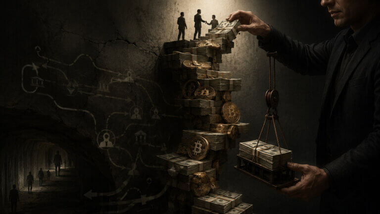 Man controlling a precarious staircase of cash bundles and cryptocurrency coins, symbolizing new investor money allegedly funding earlier repayments.
