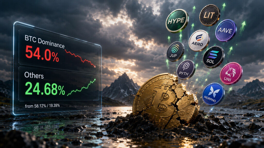 Bitcoin dominance falls as select altcoins outperform during a crypto market rotation after a broad market selloff.