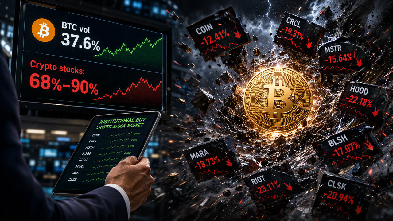 Crypto stocks vs Bitcoin volatility comparison showing Bitcoin price chart alongside publicly traded crypto company stocks.