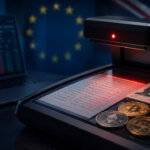Crypto transaction records, identity documents, and digital asset coins being scanned while EU and UK symbols appear in the background.