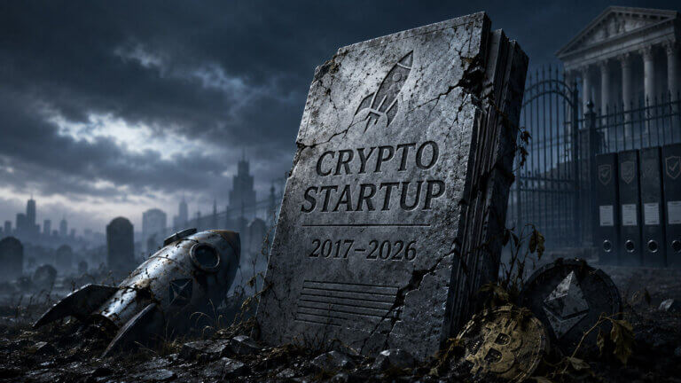 Crypto startup graveyard illustration representing the death of the crypto startup as failed projects disappear from the market.