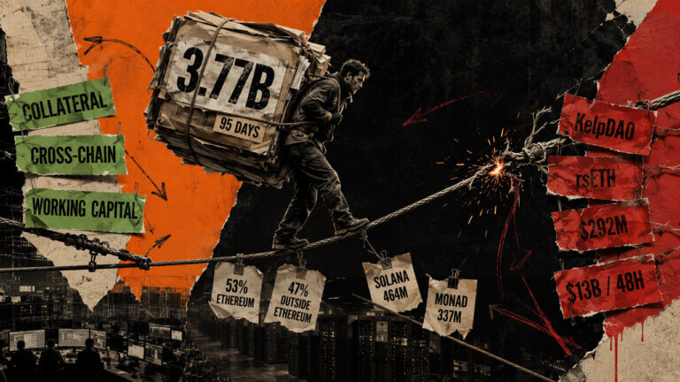 Documentary-style worker carrying a bundle marked “3.77B” and “95 DAYS” across a fraying high wire, surrounded by collateral, cross-chain activity, Ethereum, Solana, Monad, and KelpDAO exploit evidence.