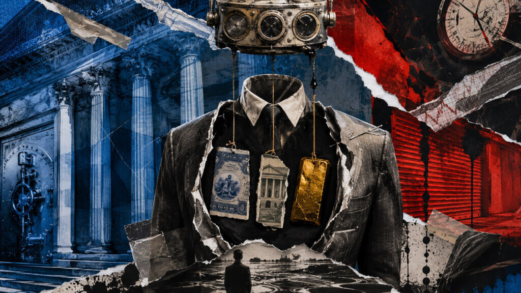 Editorial mixed-media collage of a headless suited curator controlled by an overhead pricing device, with stock, Treasury, and gold collateral suspended inside the torso between institutional vault architecture and a closed-market risk zone.