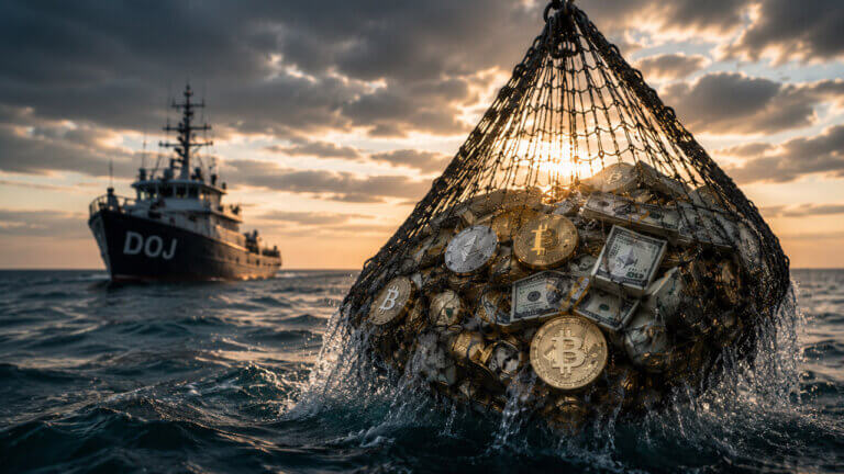 Department of Justice vessel at sea as a crane lifts a net filled with cryptocurrency coins and bundles of U.S. cash from the water.