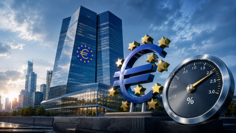 Large euro symbol and interest-rate gauge displayed outside a modern European Central Bank-style headquarters.