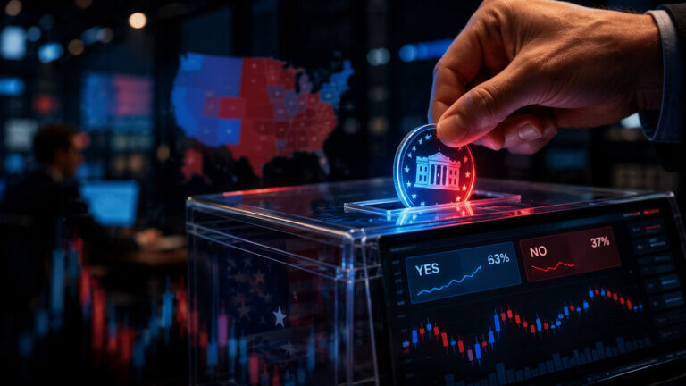 Hand places a glowing election event contract token into a transparent ballot box connected to a brokerage trading screen.