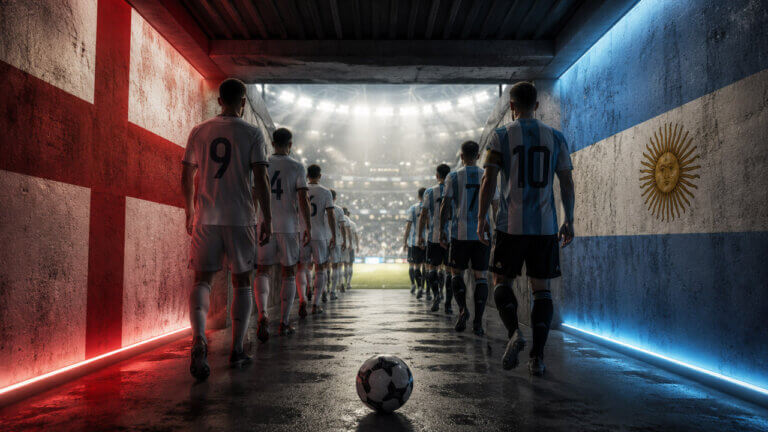 England and Argentina teams walk through a stadium tunnel toward the pitch, with national flags painted on opposite walls.