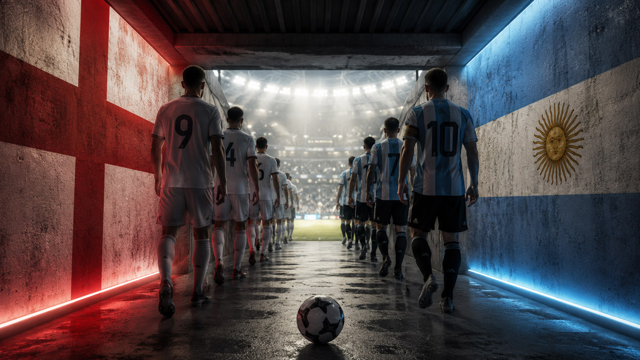 England and Argentina teams walk through a stadium tunnel toward the pitch, with national flags painted on opposite walls.