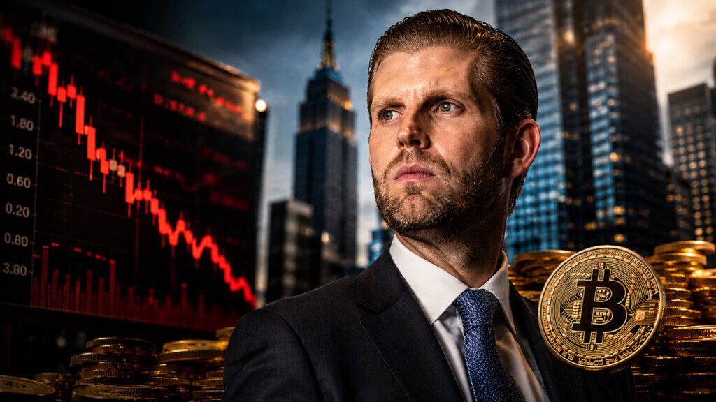 Eric Trump stands beside an American Bitcoin display showing 8,000 BTC holdings and a 1-for-15 stock rescue, with gold Bitcoin coins and a red market downtrend behind him