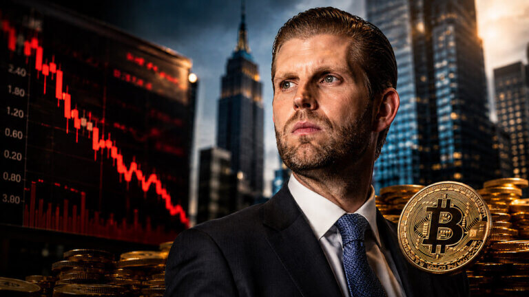 Eric Trump stands beside an American Bitcoin display showing 8,000 BTC holdings and a 1-for-15 stock rescue, with gold Bitcoin coins and a red market downtrend behind him