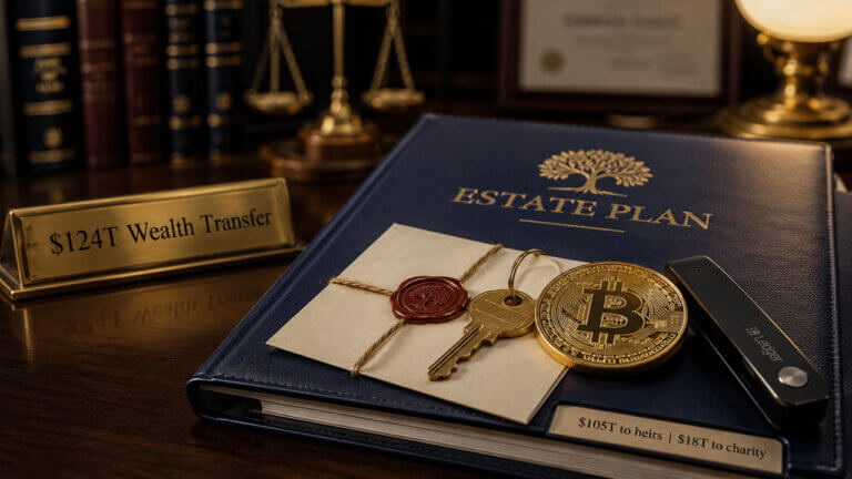 Estate planning documents with Bitcoin symbol illustrating the $124 trillion wealth transfer and its impact on crypto