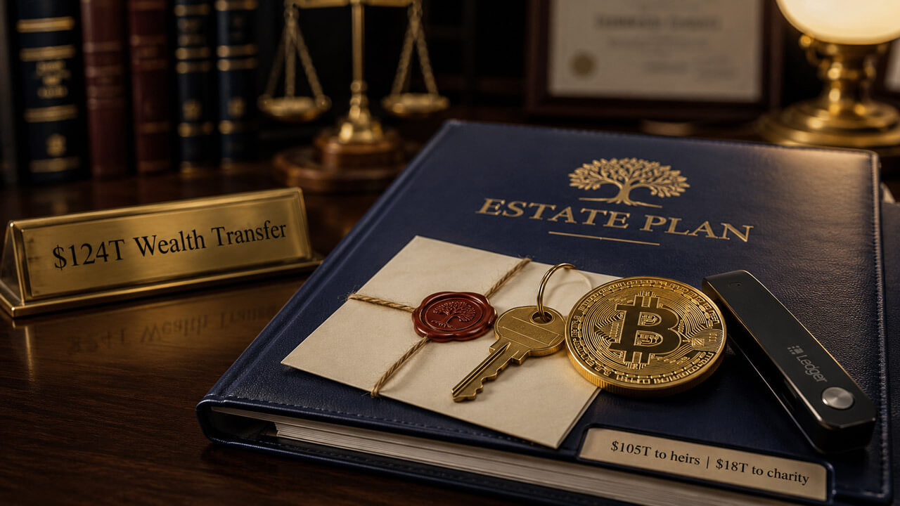 Estate planning documents with Bitcoin symbol illustrating the $124 trillion wealth transfer and its impact on crypto