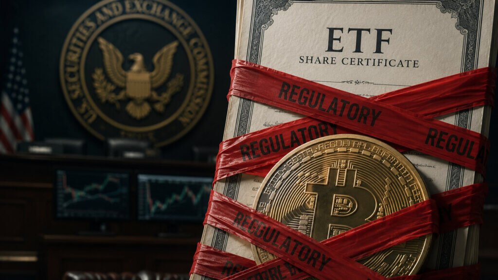 Torn ETF package revealing Bitcoin, financial charts, gears, contracts, and a vault mechanism inside.