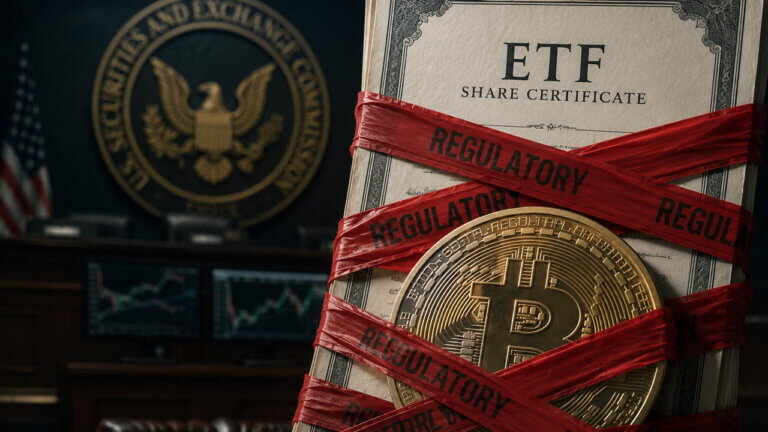 Torn ETF package revealing Bitcoin, financial charts, gears, contracts, and a vault mechanism inside.