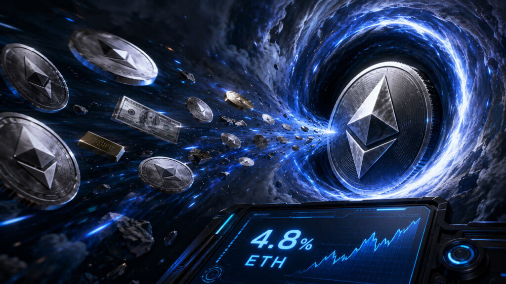 Ethereum concentration test visual showing capital flows converging into a central Ethereum network as treasury holdings become concentrated.