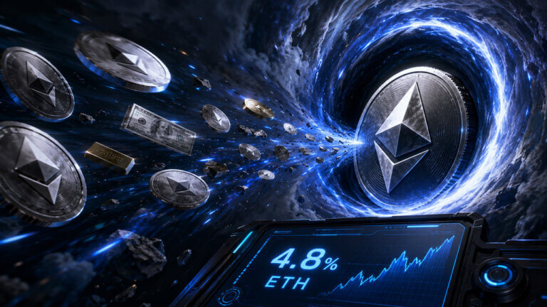 Ethereum concentration test visual showing capital flows converging into a central Ethereum network as treasury holdings become concentrated.