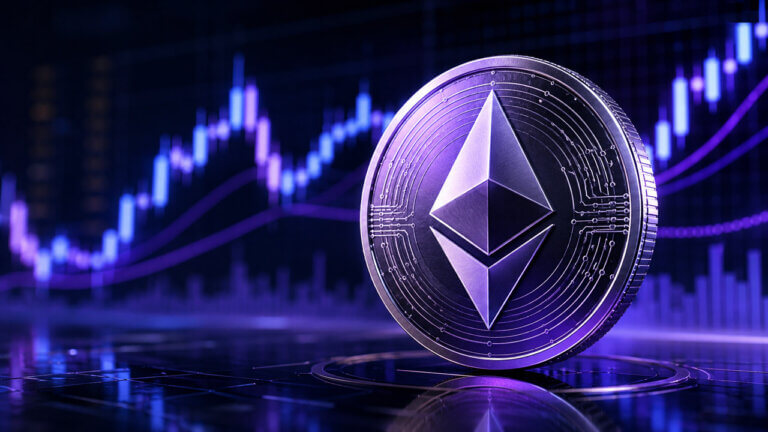 Ethereum coin in front of purple candlestick charts and market data, representing July ETH price prediction odds.