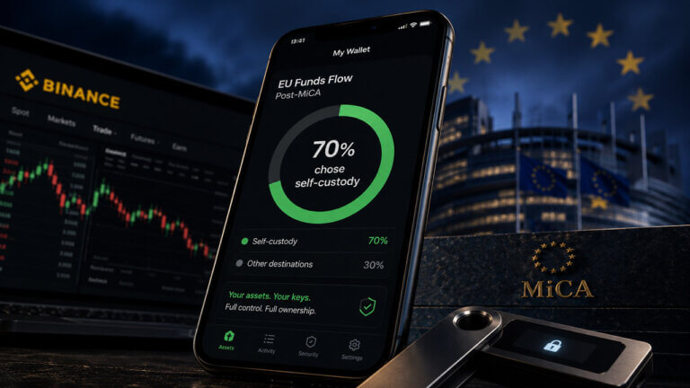 Smartphone dashboard shows “70% chose self-custody” beside a hardware wallet, Binance trading screen, EU flags, and a MiCA plaque in a dramatic crypto regulation scene.